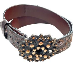 Chico’s Women’s Vintage Tooled‎ Embroidered Leather Belt Denim Sequins
